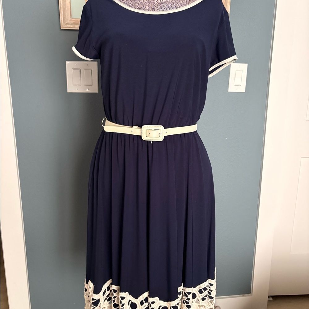 Cato Navy Dress with Ivory Trim and Crochet Hem